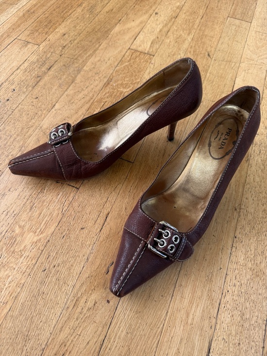 Prada Shoes - Prada Brown Pointed Toe Leather Buckle Pumps
